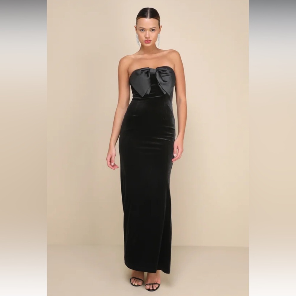 Lulus Dramatic Stunner Plush Black Velvet Giant Bow Strapless Maxi Dress NWOT‎ S